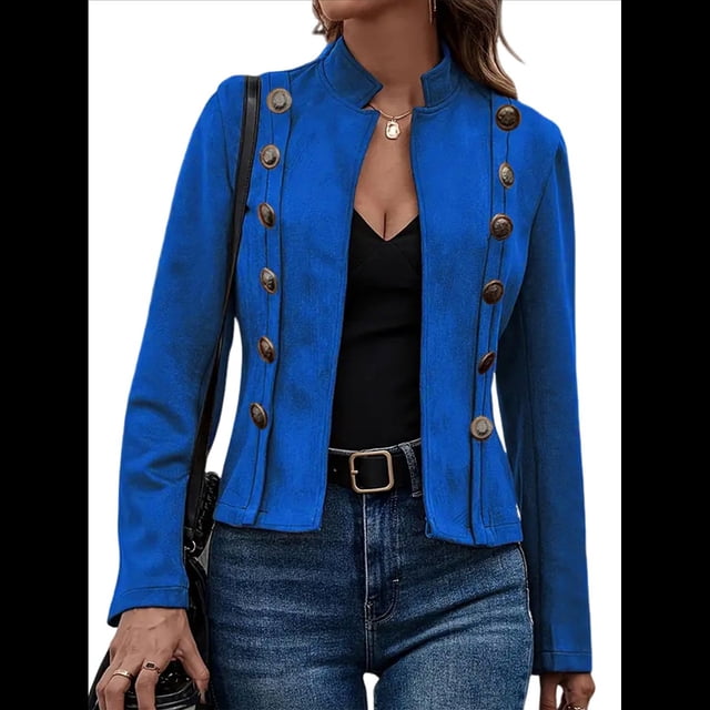 Chaqueta de Gamuza Sintética para Mujer, Informal, de Otoño, de Larga, Cuello Alto, con Abertura Frontal, Blazer Corto, Abrigo. Azul L