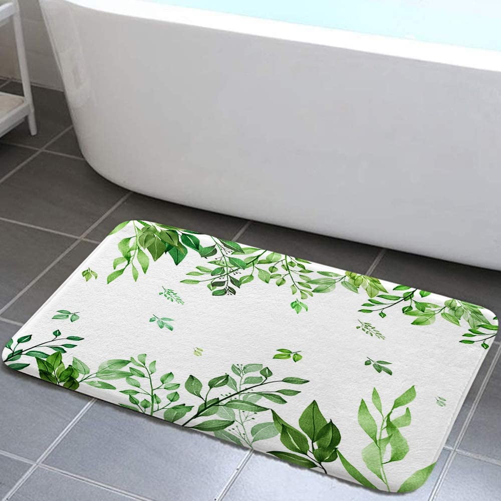 Green and White Bath Mats for Bathroom, Botanical Leaves Plant Bath Mat