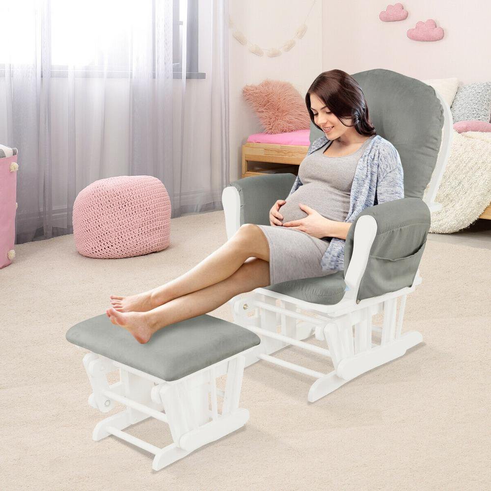 Baby Nursery Glider Rocking Chair and Ottoman Set, Light Gray, Solid Wood Frame, Detachable Cushion