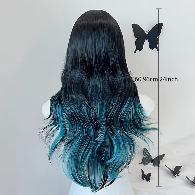 Black and blue highlighted middle-parted wavy long hair wig suitable for everyone, elegant party special