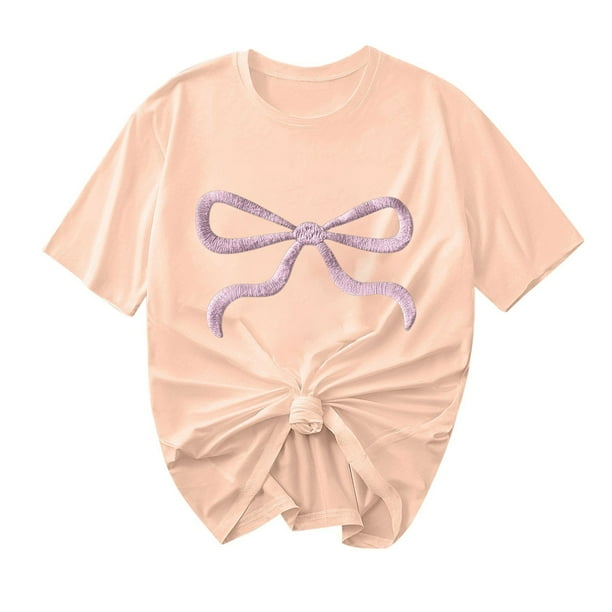 Primavera Top Mujeres Moda Casual Nueva Cinta de Arco Impresa Cuello Redondo Camiseta de Manga Corta, Camiseta de Cuello Tripulado