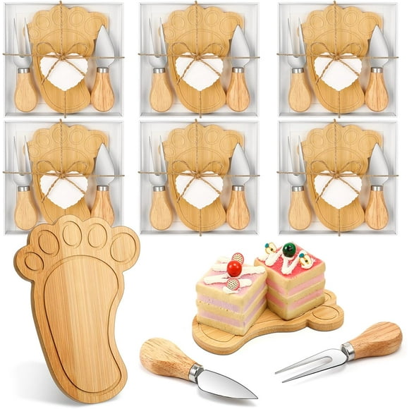 6 Set Baby Shower Party Favors Mini Sole Shaped Cheese Board Set for Guests Prizes Wood Mini Charcuterie Board with Knifes Forks Cards and Gift Box for Gender Reveal Baby Shower Prizes