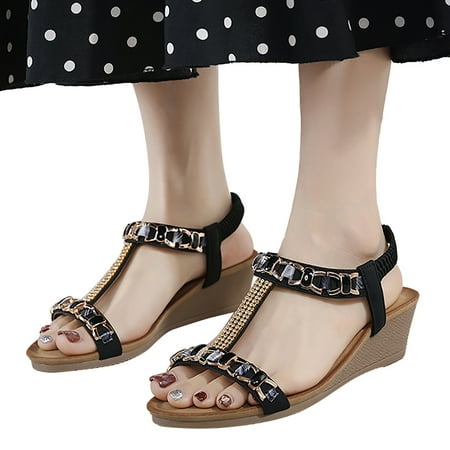 

ZAROYEAX Women Elastic Band Rhinestones Casual Open Toe Wedges Soft Bottom Breathable Shoes Sandals