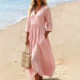thumbnail image 2 of Womens 3/4 Sleeve Tunic Dress, Casual Loose Fit Pleated Long Gown, Elegant A-Line Work Office Beach Vacation Swing Dress, S-2XL, 2 of 5