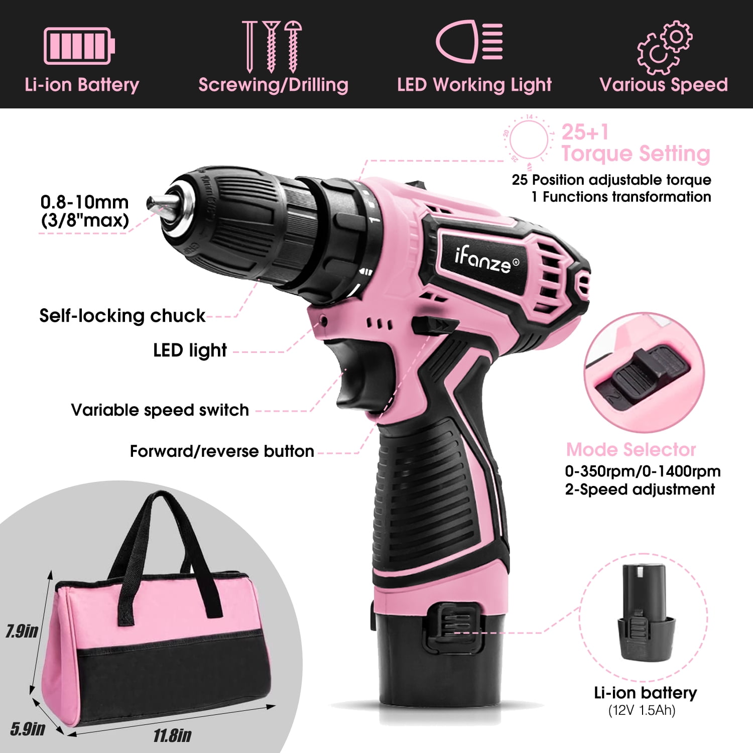 12V Cordless Drill, 2 Variable Speed Electric Power Screw Gun Set with 32 Accessories Multi-function Household Rechargeable Hand Cordless Screwdriver