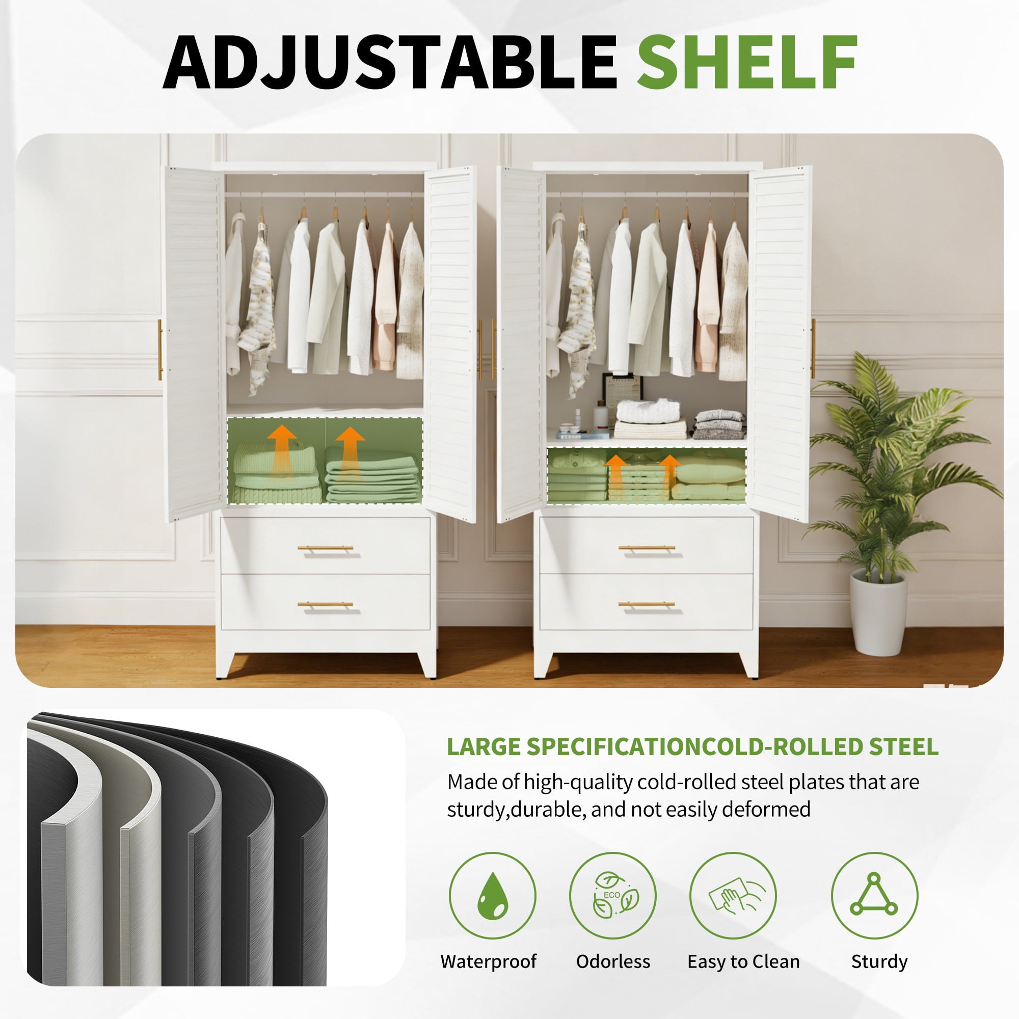 avobird 71" Tall Metal Wardrobe Cabinet with 2 Doors, Wardrobe Closet with Shelf, Lightweight Closet for Small Apartments, Dorm, Renters, Cold Rolled Steel, White