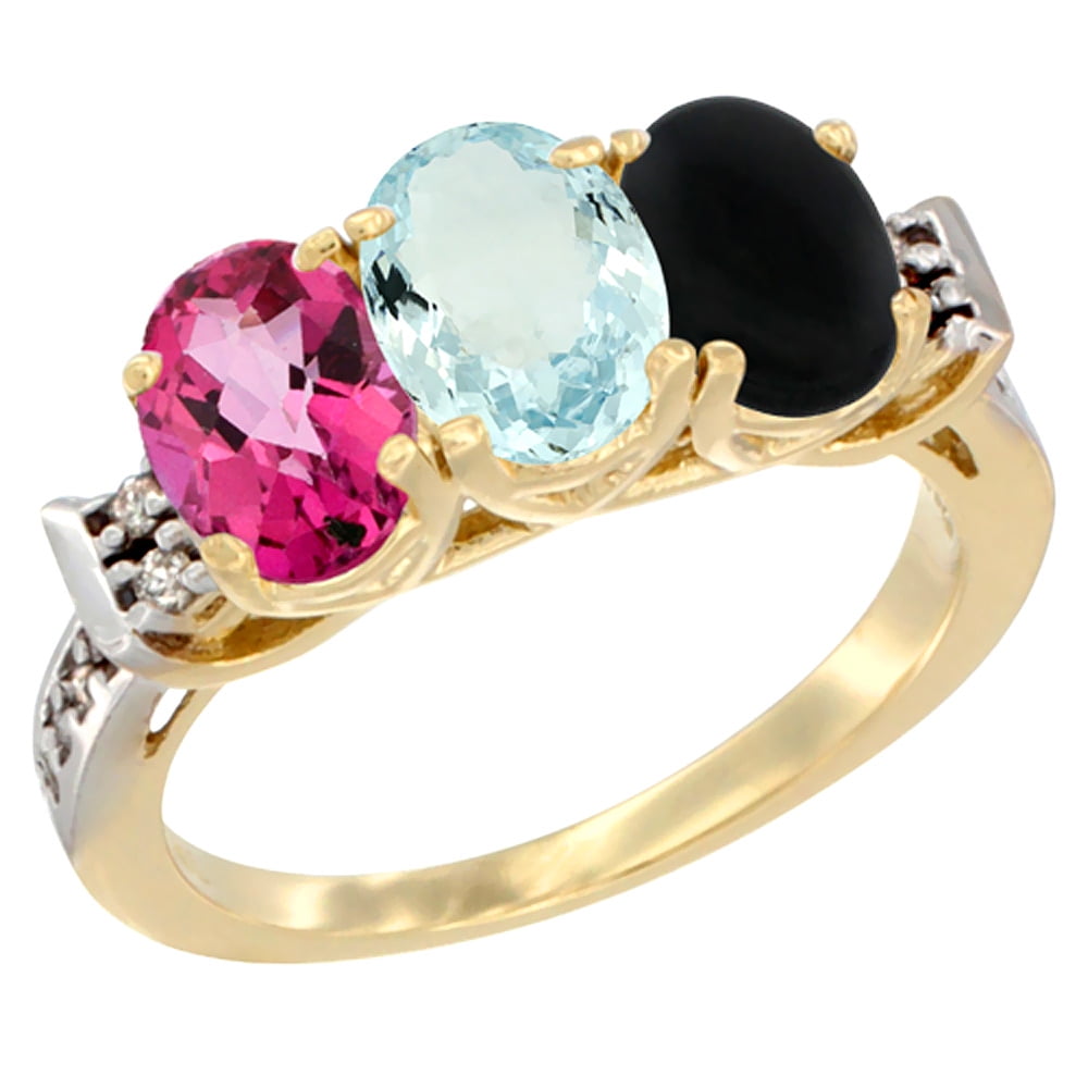 14K Yellow Gold Natural Pink Topaz, Aquamarine & Black Onyx Ring 3-Stone 7x5 mm Oval Diamond Accent, sizes 5 10 by WorldJewels