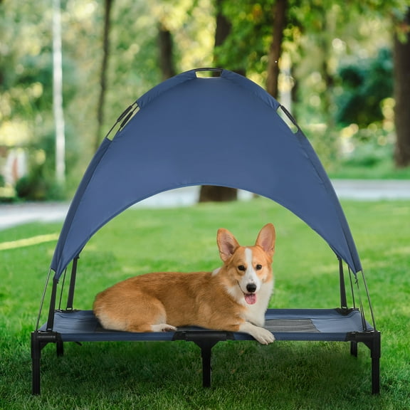 PawHut Elevated Portable Dog Cot Pet Bed with UV Protection Canopy Shade, 36 inch, Dark Blue