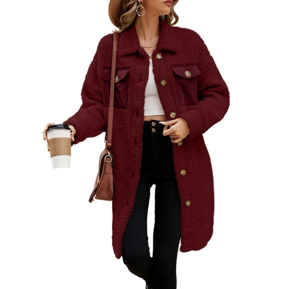 Women's Fashion Long Sleeve Lapel Button Long Plush Coat Faux Warm Winter Coat