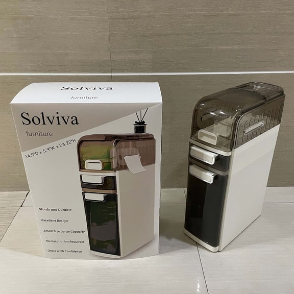 Solviva furniture,3-Tiers Slim Narrow Bathroom Storage Cabinet with Drawers, Waterproof Skinny Bathroom Storage Floor Cabinet with Tissue Box and Wheels for Small Spaces