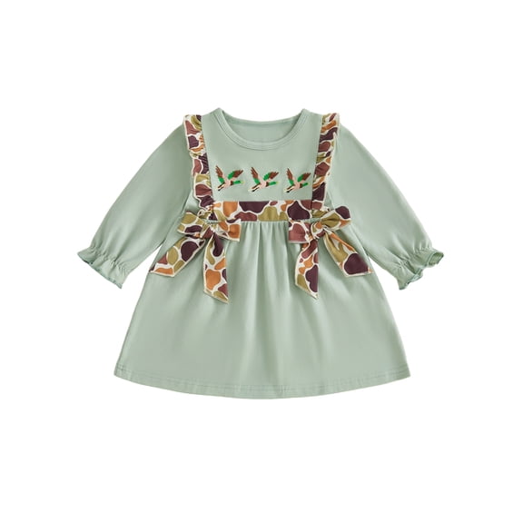 RUINIXCW Toddler Baby Girl Fall Dress A Line Duck Embroidered Camouflage Trim Bows Crew Neck Long Sleeve Dress