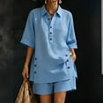 thumbnail image 2 of Womens Plus Size Cotton Linen Shorts Sets Summer Outfits with Button, Oversized Tops and Bermuda Shorts 2 Piece Matching Lounge Sets Tracksuits, Travel Vacation Going Out Suits 2026 Blue L, 2 of 8
