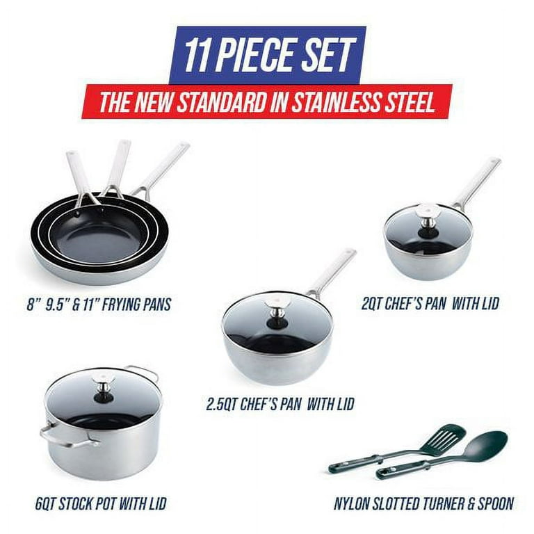 Blue Diamond Cookware Tri-Ply Stainless Steel Ceramic Nonstick, 1.27 qt Chef Saute Pan with Lid, PFAS-Free, Multi Clad, Induction, Dishwasher Safe