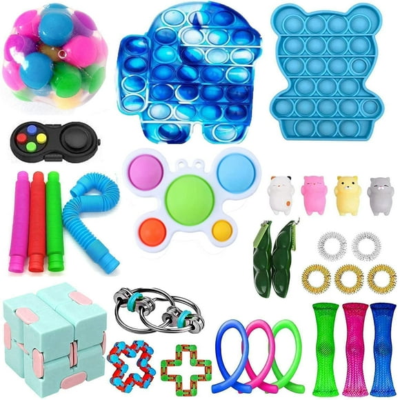 30Pcs Sensory Fidget Toys Pack TIK Tok Push Bubble Pop Toy Stress Anxiety Relief Toys Set Fidget Toys Bag for ADD OCD Autistic Children Adults Anxiety Autis (D)