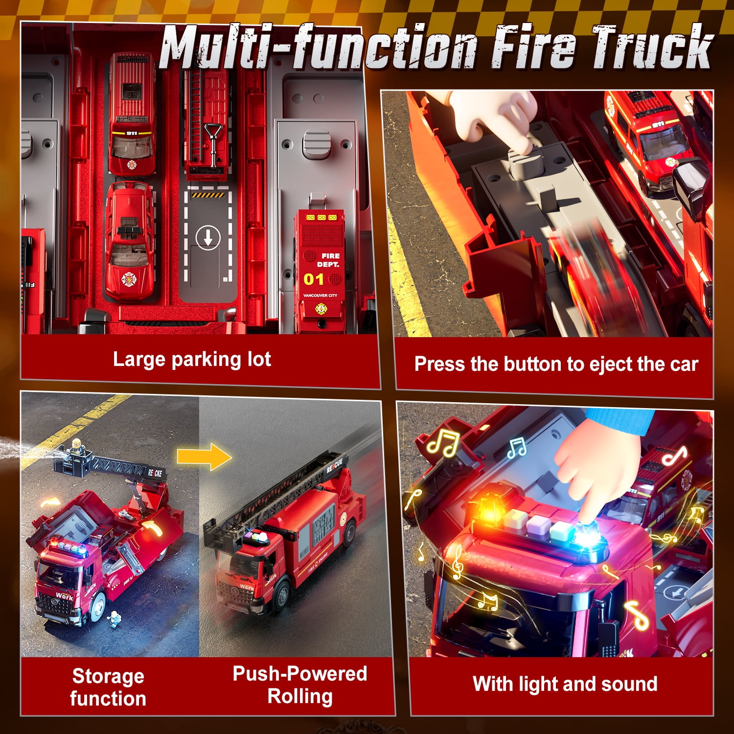 WonderStone Kids Fire Truck Toys, Alloy Deformable Cars with Light & Sound/ Extendable Aerial Ladder/ Working Water Pump, Fire Engine for 3-7 Years Old Boys Thanksgiving Christmas Birthday Gifts
