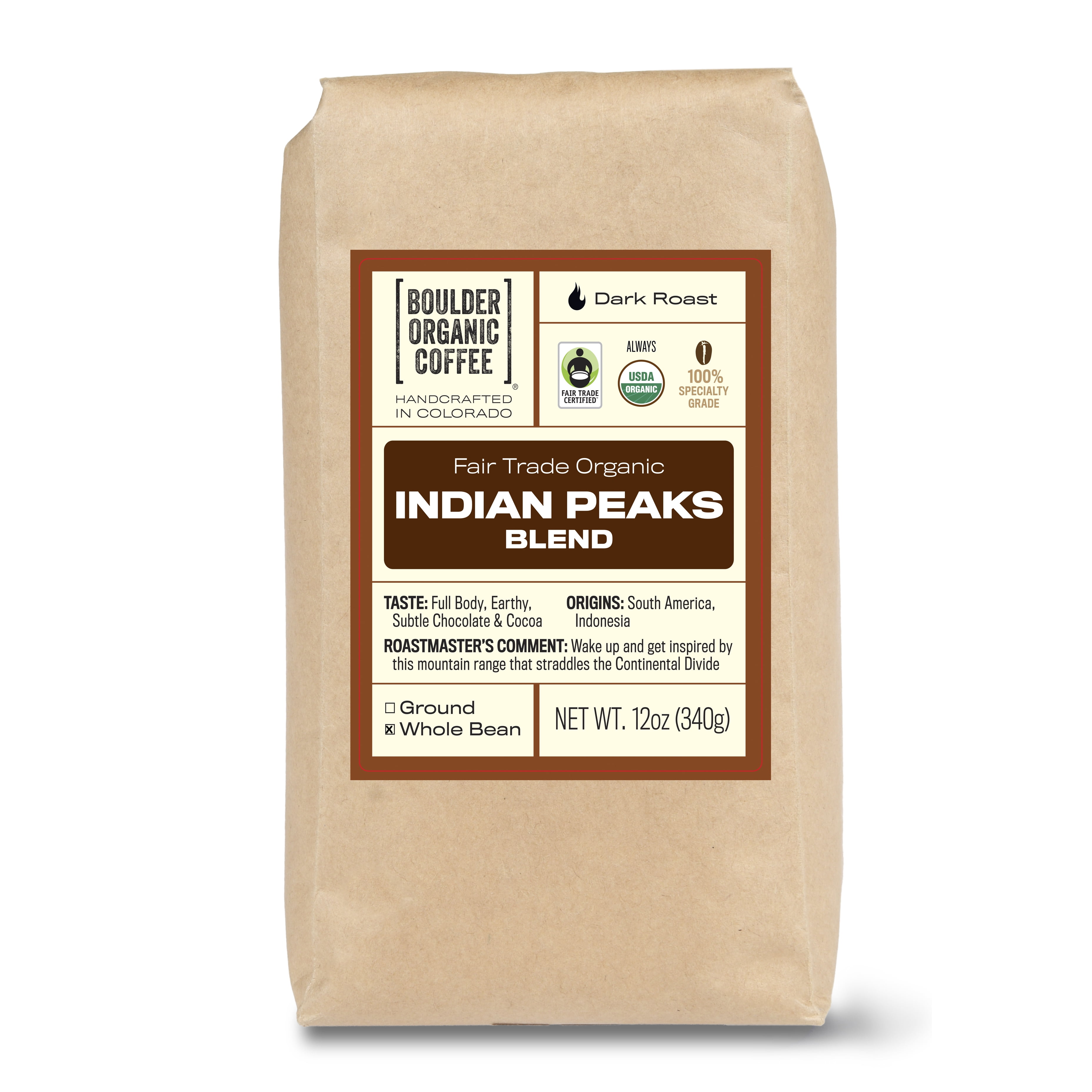 Boulder Organic Indian Peaks Blend Organic & Fair Trade Whole Bean Coffee, Dark Roast, 12 oz. Bag, Roast to Order