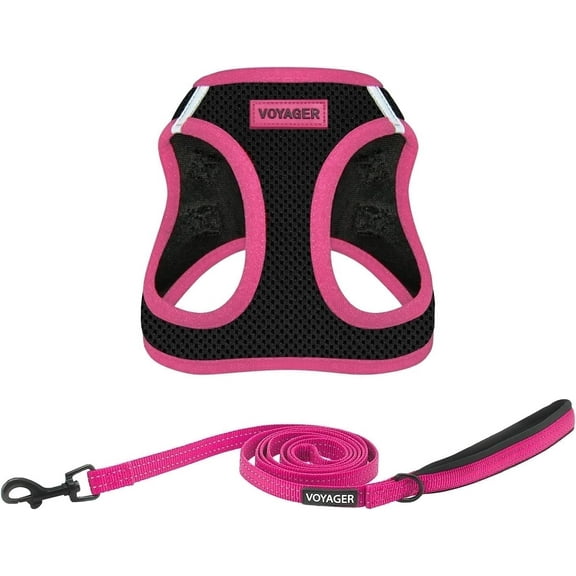 Voyager Step-in Air All Weather Mesh Harness and Reflective Dog 5 ft Leash Combo with Neoprene Handle, for Small, Medium and Large Breed Puppies - Black/Pink Trim, X-Large