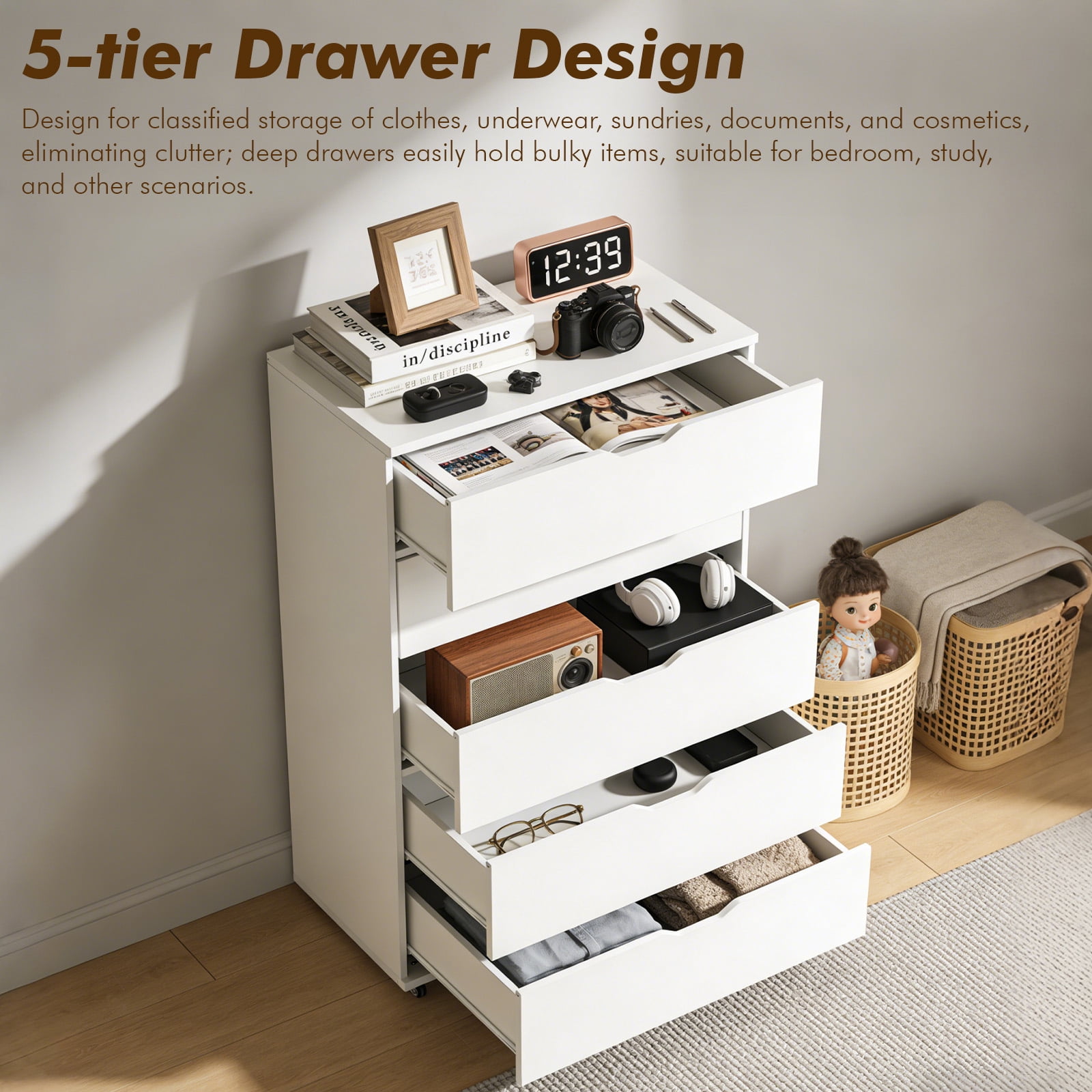 MOONMISS Wooden 5-Drawer Dresser with Wheels – Modern Storage Cabinet,White