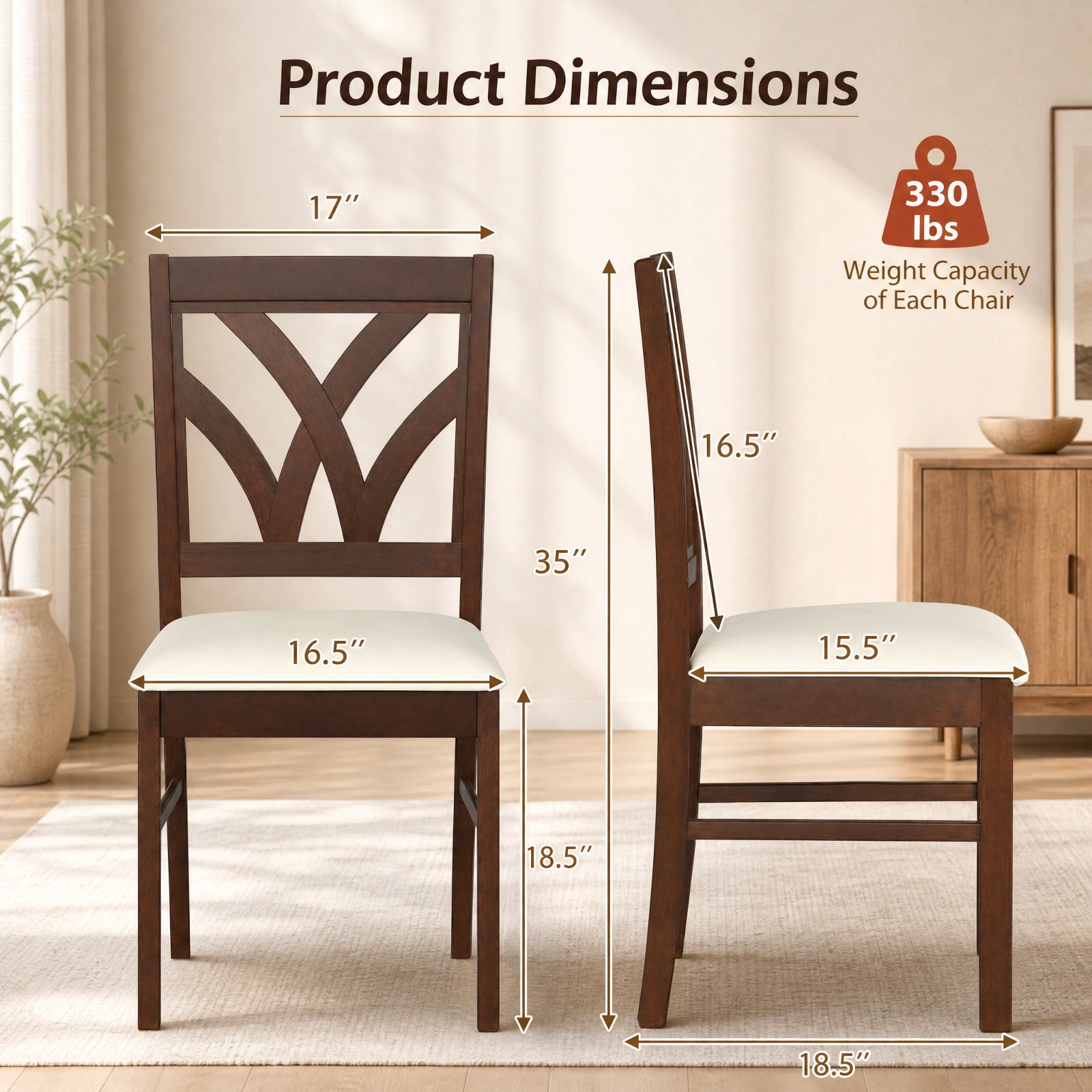 Furnibear Upholstered Wooden Dining Chairs Set of 2 with Hollowed Backrest and Padded Seats on Solid Rubber Wood Frame, Brown