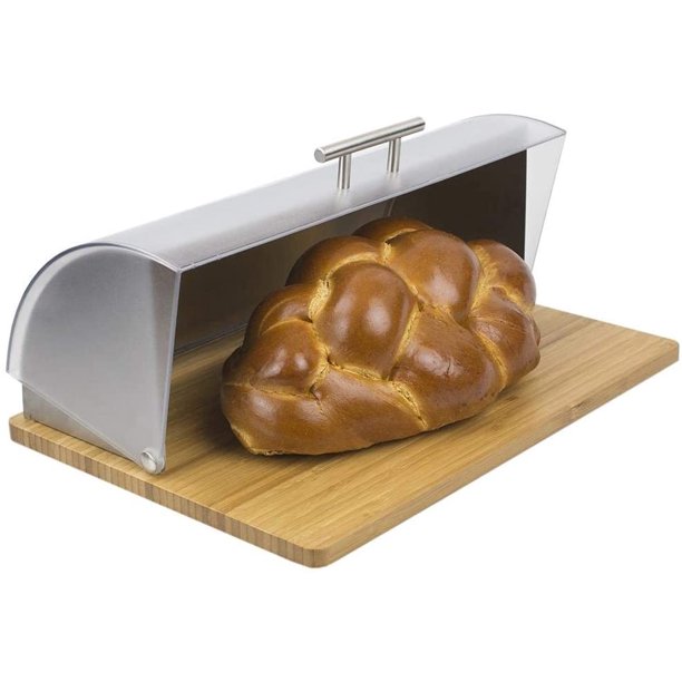 Bread Box for Kitchen Counter with Wood Base & Acrylic Top Cover, Large