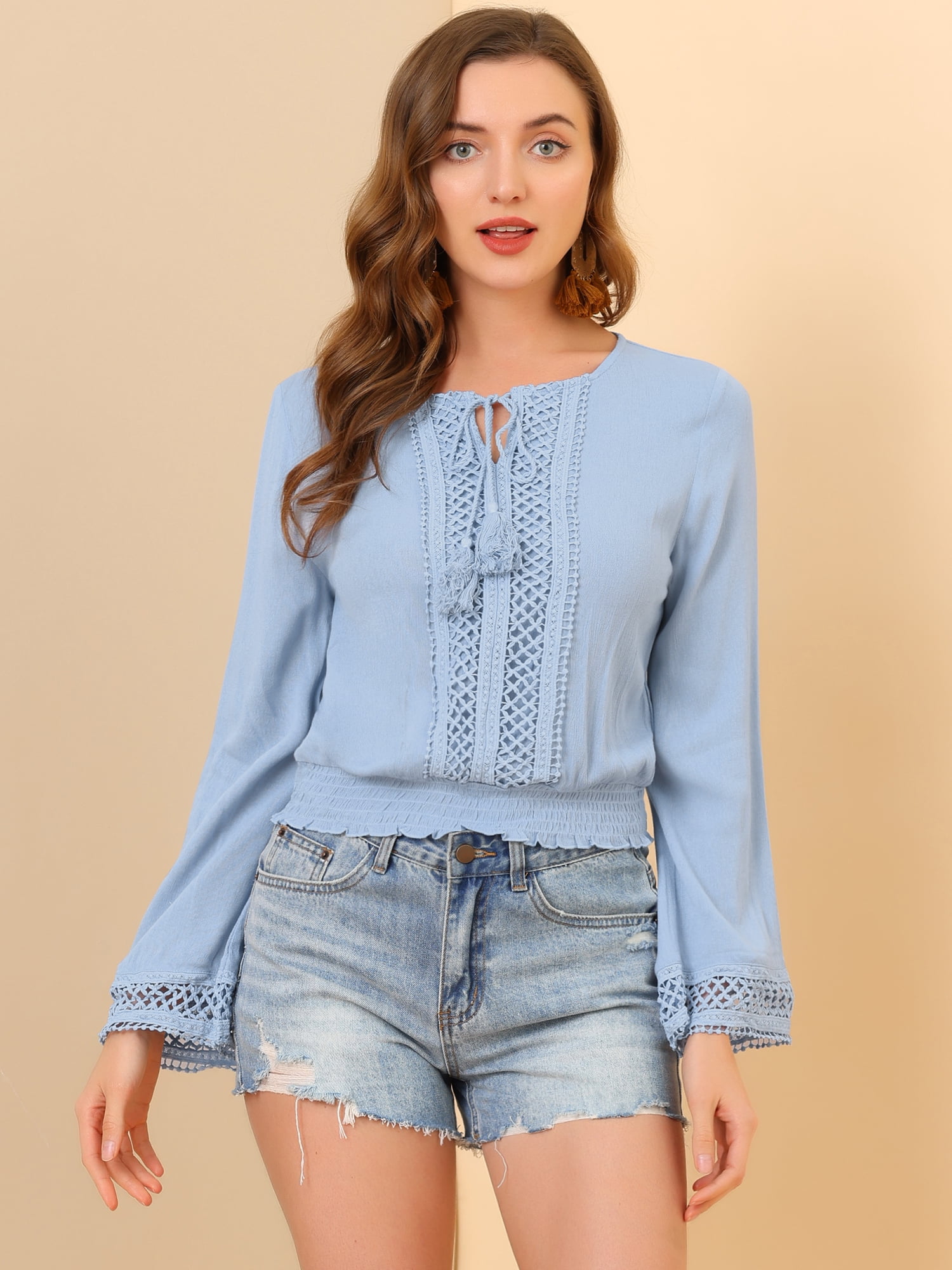 DARING DIVA Women's Bell Sleeve and Smocked Waist Peasant Top XS Blue