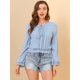 thumbnail image 3 of INSPIRE CHIC Blusa recortado con dobladillo fruncido y manga de campana con cuello de lazo campesino bordado de encaje para mujer Azul grisáceo M, 3 of 6