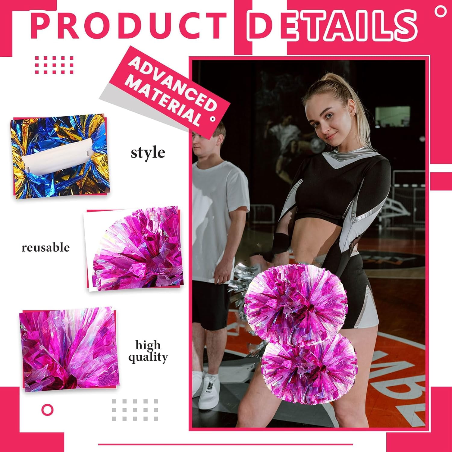 20 PCS Metallic Cheerleading Pom Pom for Team Spirit Sports Dance Cheering Kids Adults