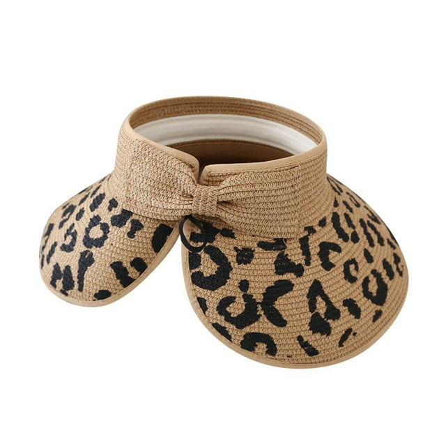 Wide Brim Straw Hat,Leopard Print Straw Hats Shade Ponytail Hat Folding Sun Hat High-End Performance