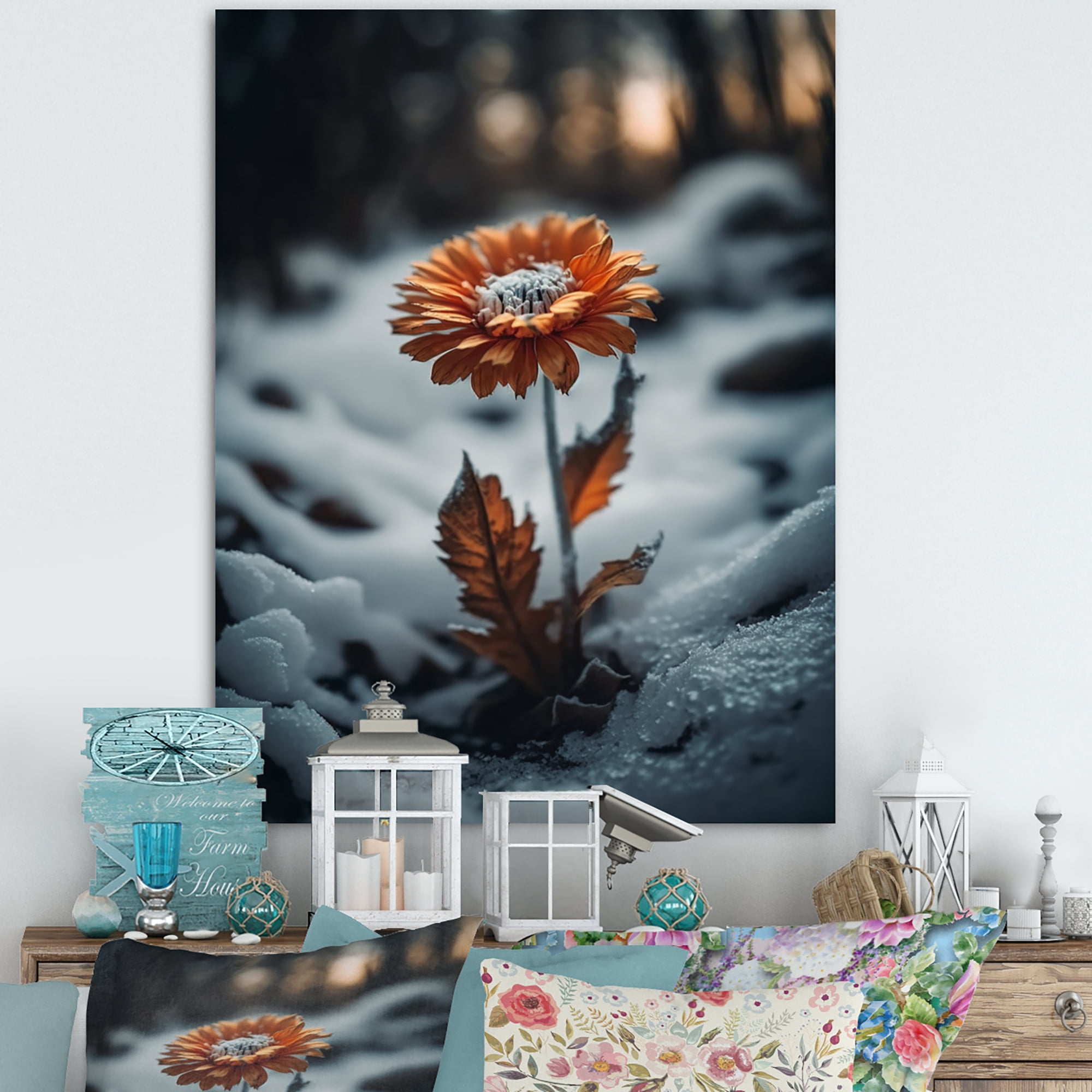 Designart A Blooming Orange Daisy Flower In Winter II Canvas Wall Art