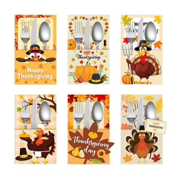 6 Pcs Thanksgiving Cutlery Holder Set, Fall Thanksgiving Utensil Decor With Various Classic Patterns Like Turkey Maple Leaf Pumpkin, Ideal For Party Supplies And Dinner Table