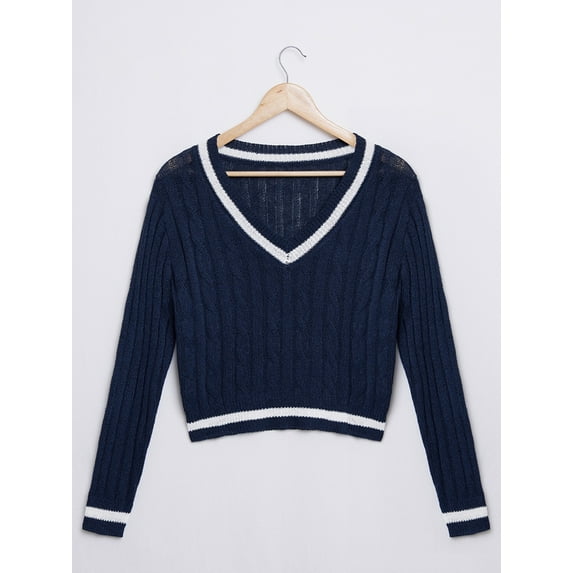 Lovito Casual Contrast Binding Cable Knit V Neck Women Sweater