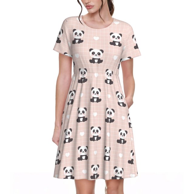 Easygdp Cute Panda para Vestido Transpirable de Mujer, Vestido Suelto de Manga Corta con Pliegues y Bolsillos para el Verano