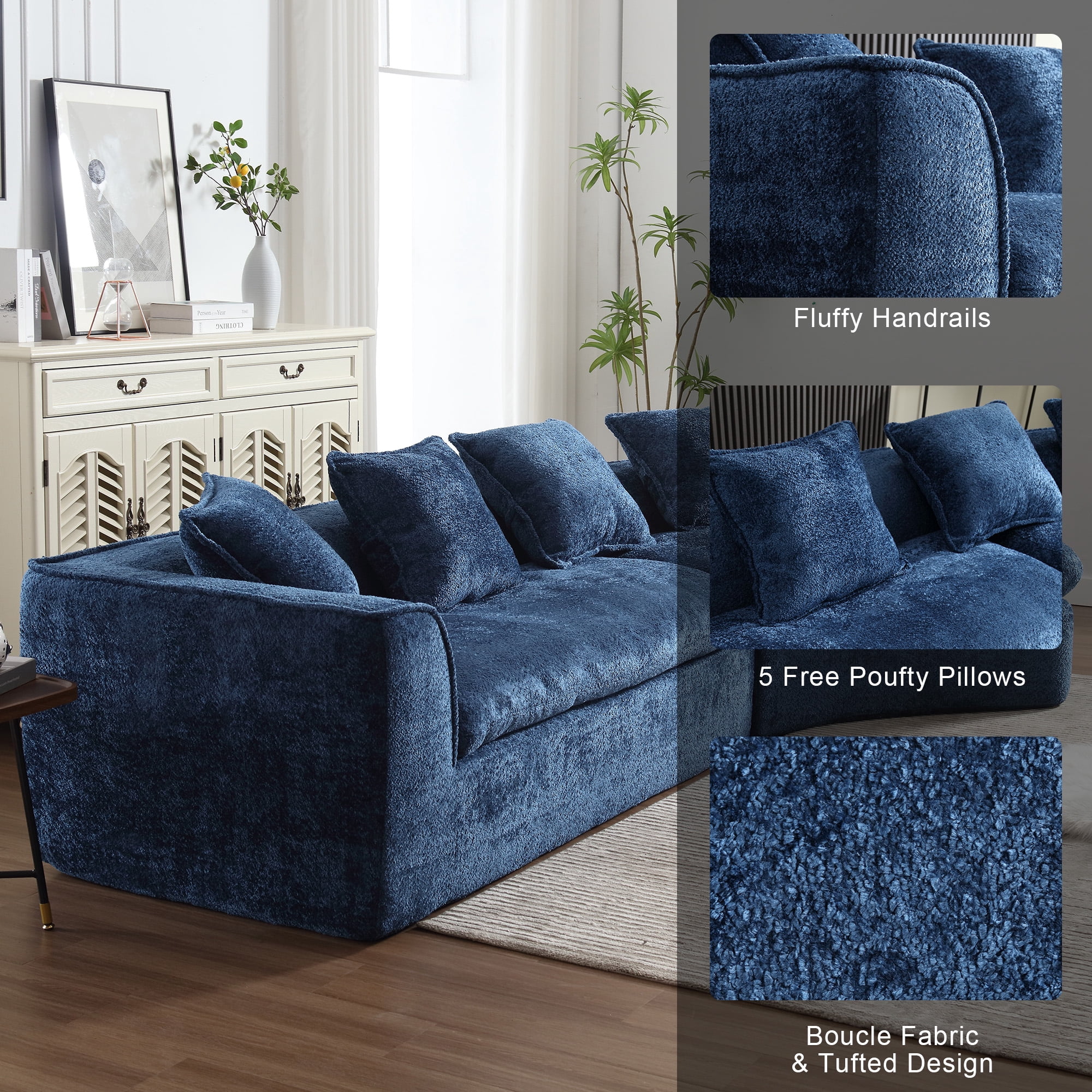 MOONMISS Boucle Upholstered Oversized 3 Seater Comfy Sofa with Unique Double Seat and Corner Construction-Navy Blue