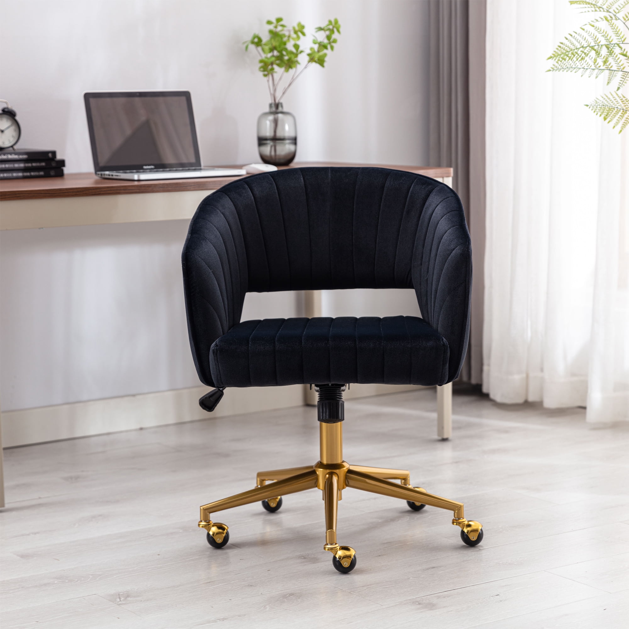 KCC Velvet Office Chair for Women, Swivel Vanity Desk Chair with Gold Base and Wheels, Adjustable Upholstered Chair for Bedroom, Makeup Room and Home Office(Black)
