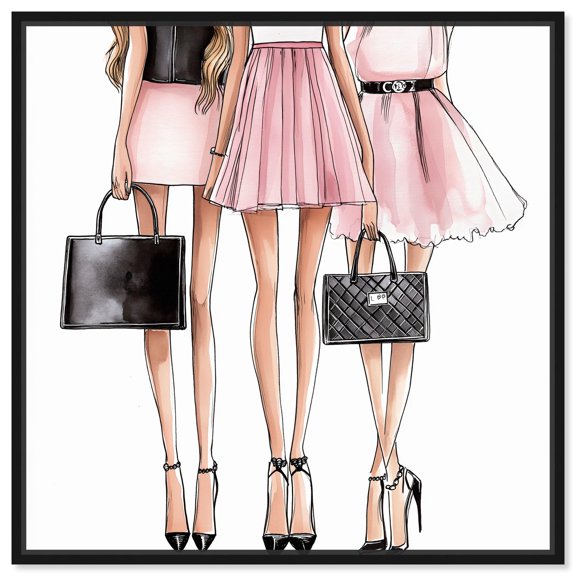 Shopping in Blush Tones Canvas Fashion Illustration by Art Remedy, Black Frame, 12" x 12"