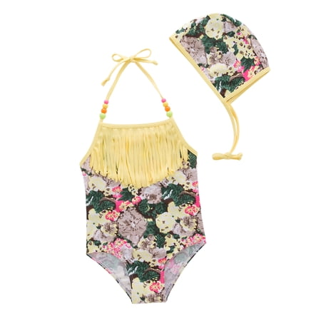 StylesILove Toddler Kids Girl Cute and Fun One-Piece Swimsuit with Hat 2pcs Set Bathing Suit Beach Swimwear (Yellow Fringe 7)