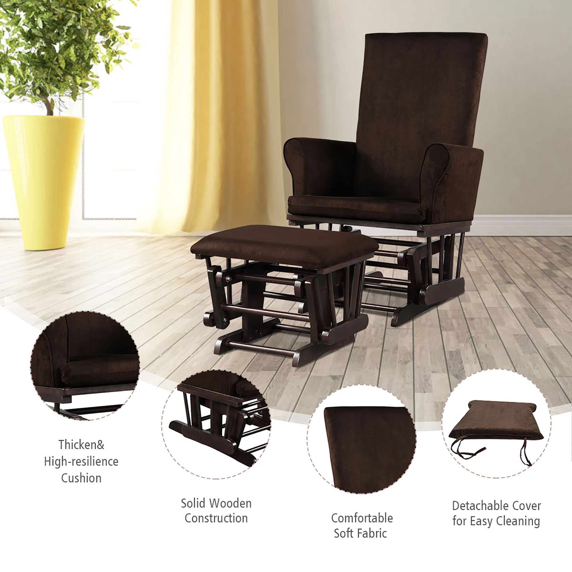 Costway Baby Nursery Relax Rocker Rocking Chair Glider & Ottoman Set w/Cushion Brown