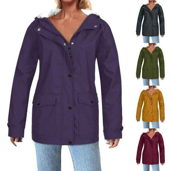 Feancey Womens Rain Jackets Waterproof Windbreaker Thin Fleece Lined Plus Size Rain Coats Winter Warm Softshell Jacket Hiking Trench Coat with Pockets Purple 5XL