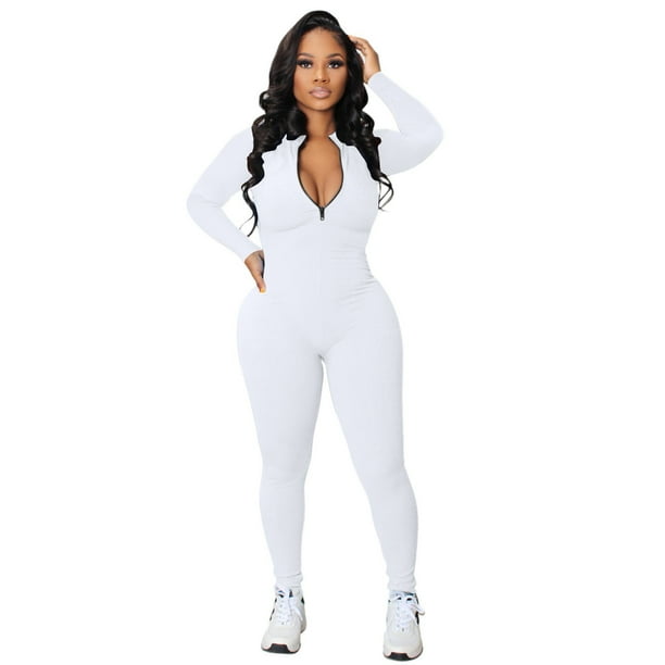 Gibobby pantalones siameses color liso Mono de manga larga con cuello en V y cremallera para mujer, mono deportivo(Blanco, S)