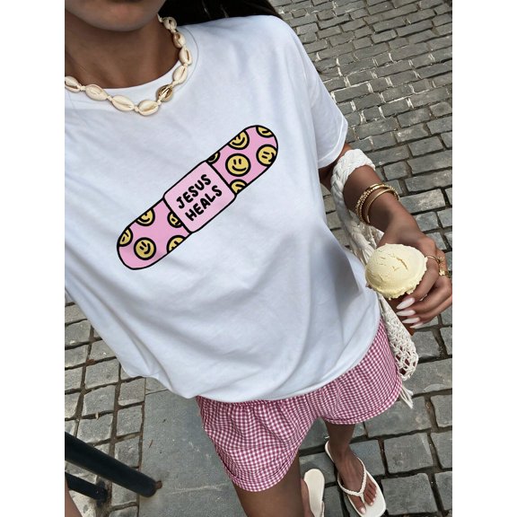 Women's Summer Casual Letter JESUS HEALS Print Loose Round Neck Short Sleeve T-Shirt , Women Top Graphic Tees Women Tops