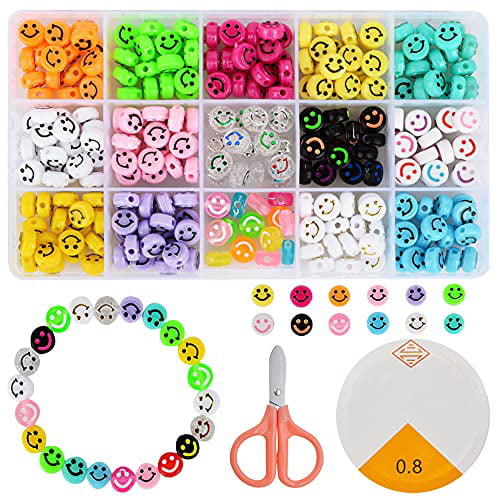 Smiley Face Beads 300Pcs Colorful Round Acrylic Craft Beads Funky Beads for DIY Jewelry Making Bracelets Earrings Necklaces Craft Supplies With 2 Rolls of Elastic Crystal Rope