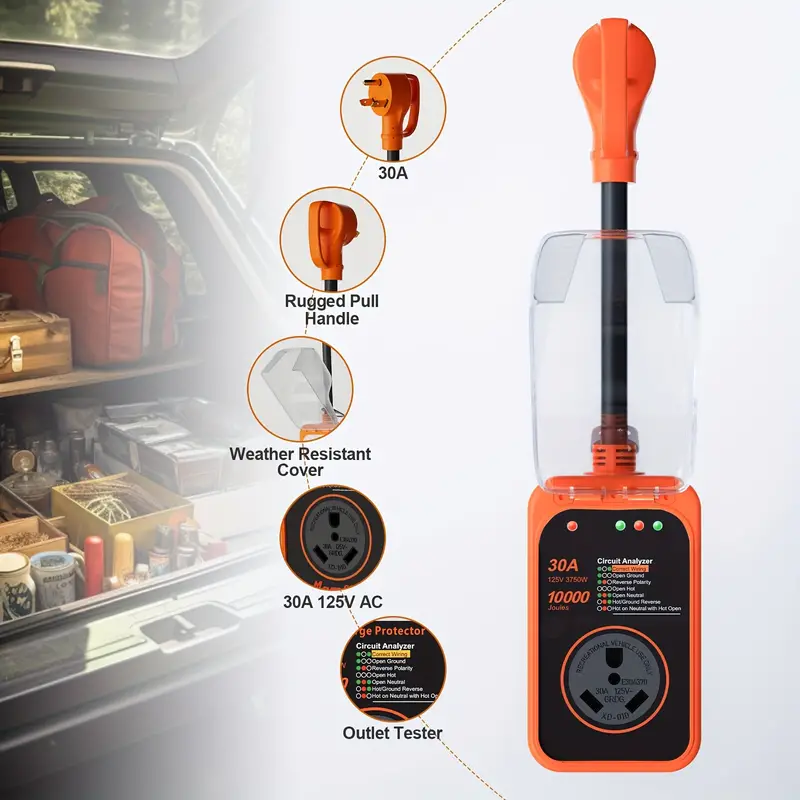 Chumajor RV Surge Protector, 30 Amp RV Circuit Analyzer, 10000 Joules Surge Guard Protection with Waterproof Cover, LED Display, RV Voltage Protector for Camper, Travel Trailers, Orange
