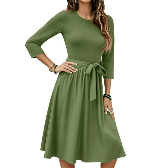WTOBBY Women's Classic Solid Color Waistband Round Neck 3/4 Sleeve Dress, Flowy Midi Sundress with Timeless Style for Various Occasions,Army Green L