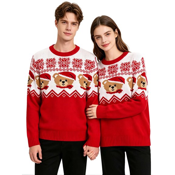 Gustave Christmas Sweater for Men Women Xmas Ugly Holiday Sweaters Long Sleeve Knitted Sweatshirt Couple Matching Funny Bear Printed Crewneck Pullover Tops