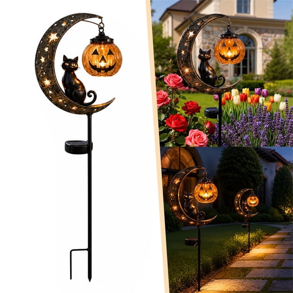 SMKE Solar Halloween Garden Stake Light with Black Cat and Pumpkin Moon Design,LED Outdoor Decor Lamp for Patio Yard Walkway,Auto Dusk to Dawn