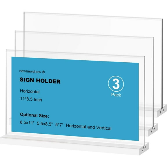 Acrylic Sign Holder 11x8.5 Inch 3 Pack Horizontal T Shape Double-Sided Desktop Display Holder. (Optional 8.5x11 8.5x5.5 5x7 Horizontal and Vertical)