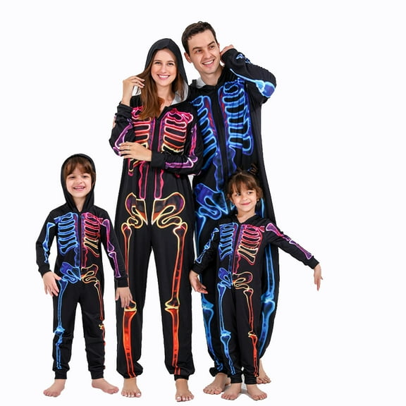 Bullpiano Matching Family Pajamas Sets Holiday Halloween Hooded One-Piece PJS Family Skeleton Jumpsuit