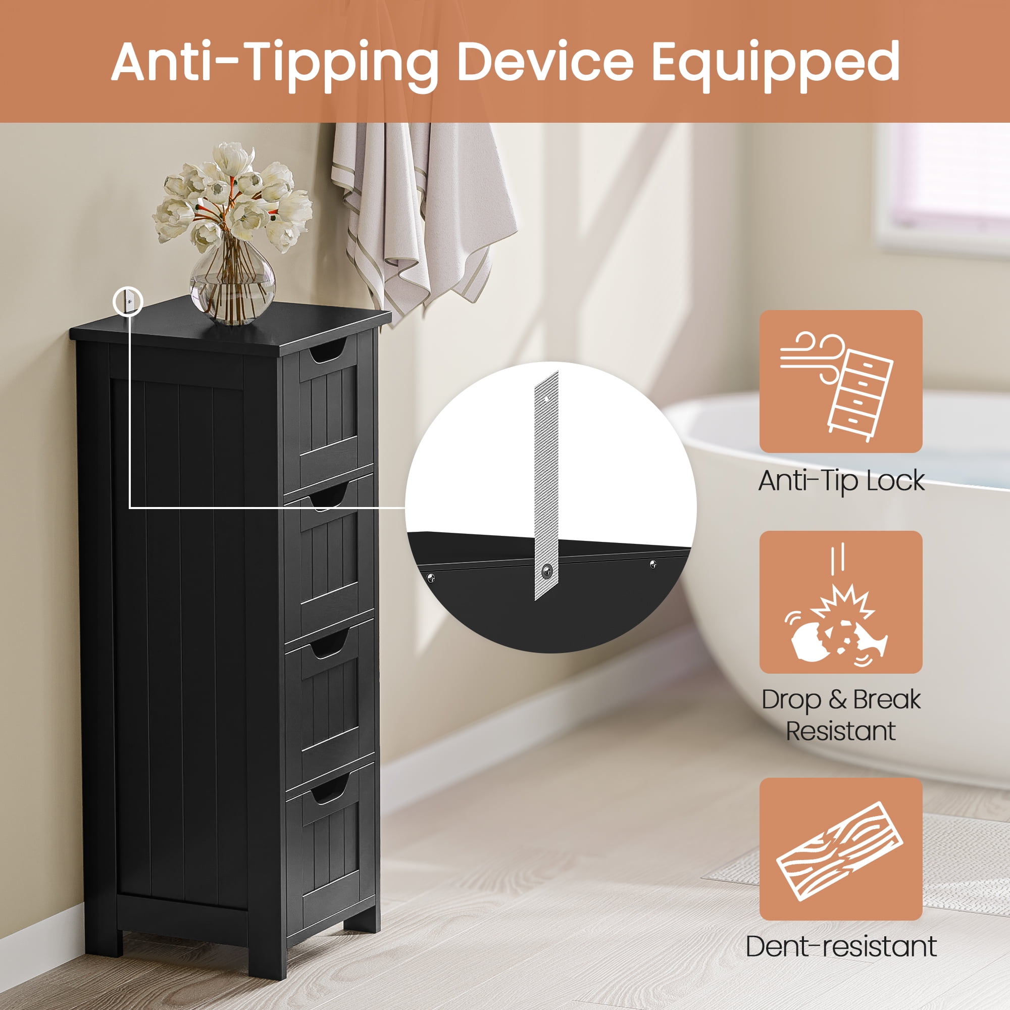 HomGarden 4 Drawers Small Bathroom Storage Cabinet Floor Side Cabinet, Black