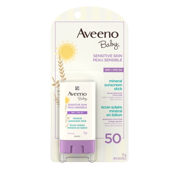 Aveeno Baby Sensitive Skin Mineral Sunscreen Stick SPF 50 with 100% Zinc Oxide, for Face & Body, Sweat- & Water-Resistant Kids Sunscreen Stick, Travel Size