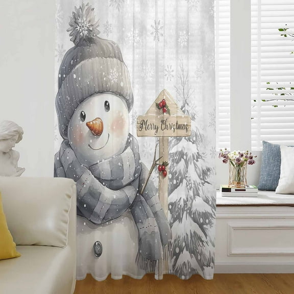 Grey Snowman Christmas Semi Sheer Curtains Drapes for Living Room, Bedroom, French Doors Window 108 Inches Long, Xmas Snowflake Tree Gray Rod Pocket Chiffon Curtain Drapery Voile Draperies Panel